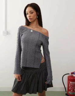 Reclaimed Vintage Off Shoulder Textured Long Sleeve Top In Charcoal For Women