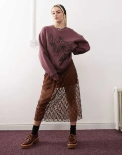 Reclaimed Vintage Oversized Crew Neck Sweatshirt With Butterfly Print In Burgundy For Women -Closet Theory Her 207706333 1 burgundy 1