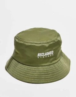 Reclaimed Vintage Unisex Nylon Logo Bucket Hat In Khaki For Unisex