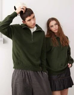 Reclaimed Vintage Unisex Quarter Zip Jumper In Green For Unisex
