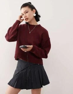 Reclaimed Vintage Seam Detail Crew Neck Jumper In Burgundy For Women