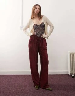 Reclaimed Vintage Wide Leg Ribbed Trouser In Burgundy For Women -Closet Theory Her 207745767 1 burgundy 1