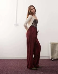 Reclaimed Vintage Wide Leg Ribbed Trouser In Burgundy For Women -Closet Theory Her 207745767 3