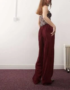 Reclaimed Vintage Wide Leg Ribbed Trouser In Burgundy For Women -Closet Theory Her 207745767 4