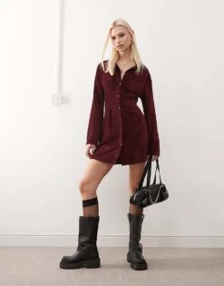 Reclaimed Vintage Cord Mini Shirt Dress In Burgundy For Women -Closet Theory Her 207745780 1 burgundy 1