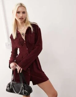 Reclaimed Vintage Cord Mini Shirt Dress In Burgundy For Women -Closet Theory Her 207745780 3