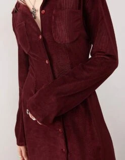 Reclaimed Vintage Cord Mini Shirt Dress In Burgundy For Women -Closet Theory Her 207745780 4