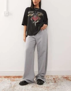 Reclaimed Vintage Wide Leg Trouser In Grey Pinstripe For Women