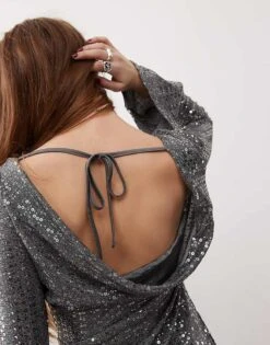 Reclaimed Vintage Party Sequin Mini Dress With Cowl Back In Silver For Women -Closet Theory Her 207745792 3