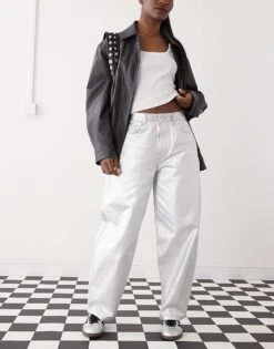 Reclaimed Vintage Coated Barrel Leg Jeans In Silver For Women