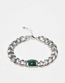 Reclaimed Vintage Unisex Chain Bracelet With Faux Jade Stone In Silver For Unisex -Closet Theory Her 207761414 1 silver 1