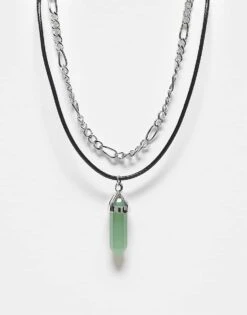 Reclaimed Vintage Unisex 2 Row Necklace With Faux Green Gem For Unisex Multi
