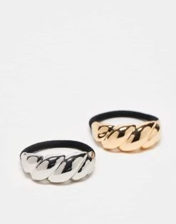 Reclaimed Vintage 2 Pack Hair Elastic With Metal Detail In Gold And Silver For Women