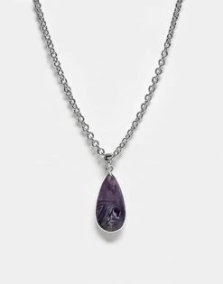 Reclaimed Vintage Unisex Necklace With Faux Purple Pendant In Silver For Unisex