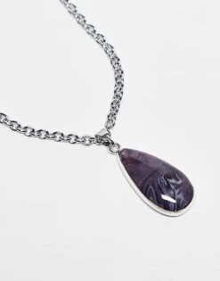 Reclaimed Vintage Unisex Necklace With Faux Purple Pendant In Silver For Unisex -Closet Theory Her 207761449 3