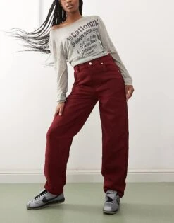 Reclaimed Vintage Faux Suede Straight Leg Trousers In Burgundy For Women -Closet Theory Her 207777643 1 burgundy 1