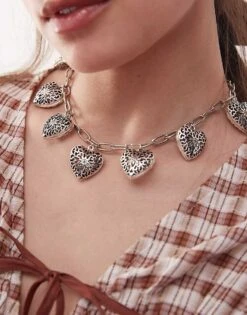 Reclaimed Vintage Heart Charm Necklace In Burnished Silver For Women