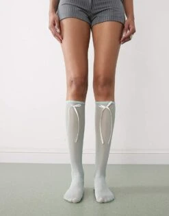 Reclaimed Vintage Knee High Socks With Bows In Blue Mesh For Women Blue Bow