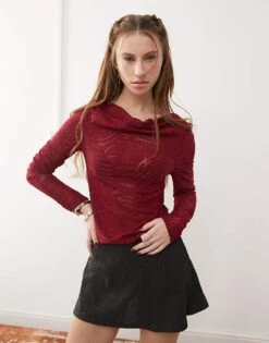 Reclaimed Vintage Cowl Neck Top In Burgundy Animal Mesh For Women