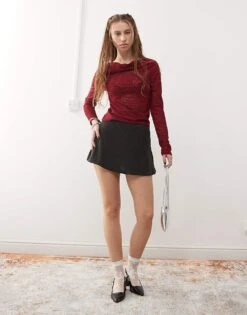 Reclaimed Vintage Cowl Neck Top In Burgundy Animal Mesh For Women -Closet Theory Her 207785976 3