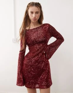 Reclaimed Vintage Sequin Mini Party Dress In Burgundy For Women -Closet Theory Her 207787454 1 burgundy 1