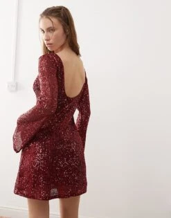 Reclaimed Vintage Sequin Mini Party Dress In Burgundy For Women -Closet Theory Her 207787454 3