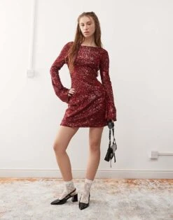 Reclaimed Vintage Sequin Mini Party Dress In Burgundy For Women -Closet Theory Her 207787454 4