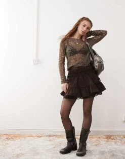 Reclaimed Vintage Western Cowgirl Mini Skirt With Lace Hem In Brown For Women -Closet Theory Her 207787467 3