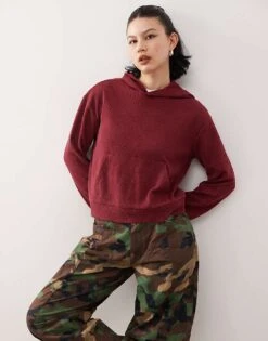 Reclaimed Vintage Waffle Hoodie In Washed Burgundy For Women