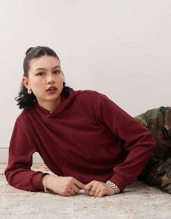 Reclaimed Vintage Waffle Hoodie In Washed Burgundy For Women -Closet Theory Her 207811507 4