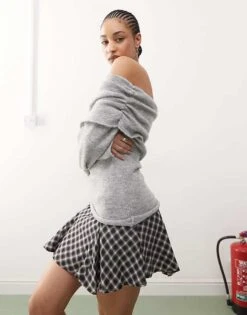 Reclaimed Vintage Fluffy Knitted Bardot Ruched Jumper In Grey For Women