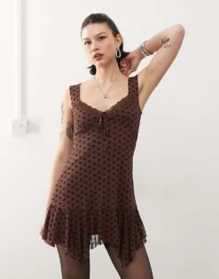 Reclaimed Vintage Flocked Mini Dress In Chocolate Brown For Women