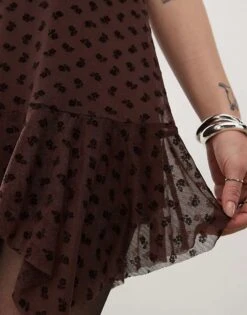 Reclaimed Vintage Flocked Mini Dress In Chocolate Brown For Women -Closet Theory Her 207829289 3