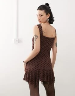 Reclaimed Vintage Flocked Mini Dress In Chocolate Brown For Women -Closet Theory Her 207829289 4