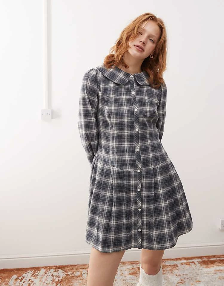 Reclaimed Vintage Drop Waist Pleated Mini Dress With Collar In Blue Check For Women Multi 7 Reclaimed Vintage Drop Waist Pleated Mini Dress With Collar In Blue Check For Women Multi - Image 5