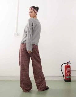 Reclaimed Vintage Relaxed Baggy Pull On Trouser In Burgundy Check For Women Multi -Closet Theory Her 207835309 3