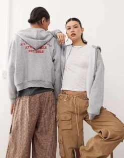 Reclaimed Vintage Unisex Zip Through Hoodie In Grey Marl For Unisex