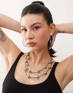 Reclaimed Vintage Layered 2 Row Necklace With Silver Beads On Cord For Women