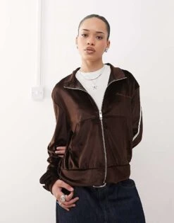 Reclaimed Vintage Velour Zip Through Side Stripe Jacket In Chocolate Co Ord For Women
