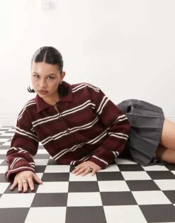 Reclaimed Vintage Knitted Collar Button Through Cardigan In Burgundy Stripe For Women Multi Stripe -Closet Theory Her 207857761 1 multistripe 1