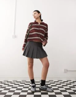 Reclaimed Vintage Knitted Collar Button Through Cardigan In Burgundy Stripe For Women Multi Stripe -Closet Theory Her 207857761 3