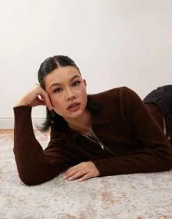 Reclaimed Vintage Knitted Zip Through Cardigan In Chocolate For Women -Closet Theory Her 207857767 3