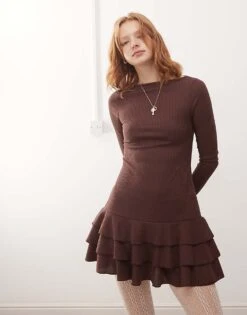 Reclaimed Vintage Long Sleeve Ruffle Drop Waist Mini Dress In Brown For Women -Closet Theory Her 207879449 1 brown 1