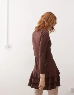 Reclaimed Vintage Long Sleeve Ruffle Drop Waist Mini Dress In Brown For Women -Closet Theory Her 207879449 3