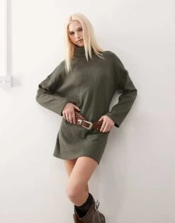 Reclaimed Vintage Super Soft Slouchy Funnel Neck Dress In Khaki For Women -Closet Theory Her 207899616 3