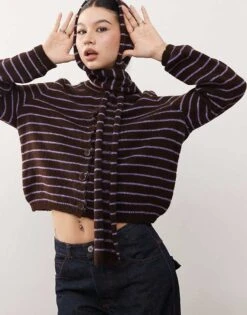 Reclaimed Vintage Knitted Crew Neck Cardigan With Scarf In Chocolate Stripe For Women