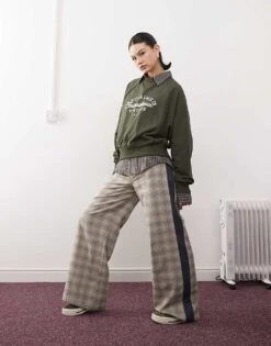 Reclaimed Vintage Wide Leg Tailored Trouser With Contrast Panels In Neutral Check For Women Multi
