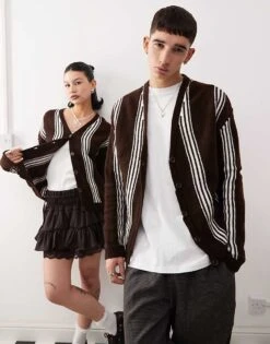 Reclaimed Vintage Unisex Knitted Stripe Relaxed Fit Cardigan In Chocolate For Unisex Chocolate Stripe -Closet Theory Her 207920250 1 chocolatestripe 1