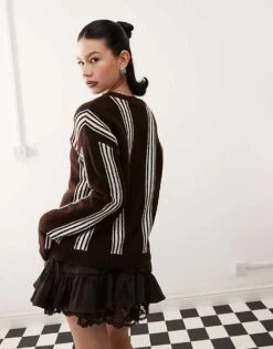 Reclaimed Vintage Unisex Knitted Stripe Relaxed Fit Cardigan In Chocolate For Unisex Chocolate Stripe -Closet Theory Her 207920250 4