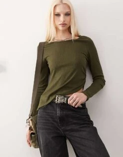 Reclaimed Vintage Long Sleeve Slash Neck Rib Top In Khaki For Women -Closet Theory Her 207923226 1 khaki 1